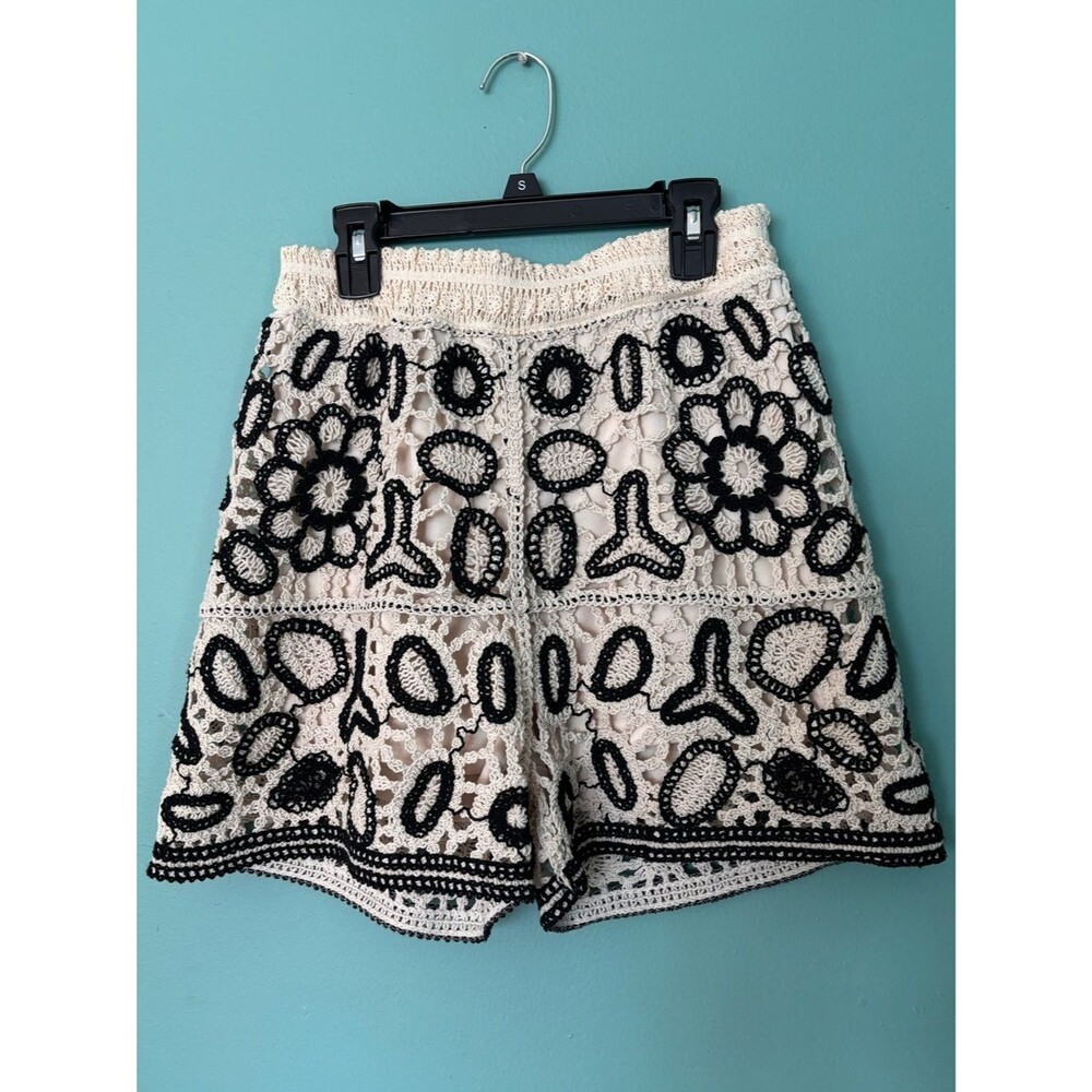 Rebellion Crochet Lace Shorts Small Boho Floral Lined Cream Black Festival